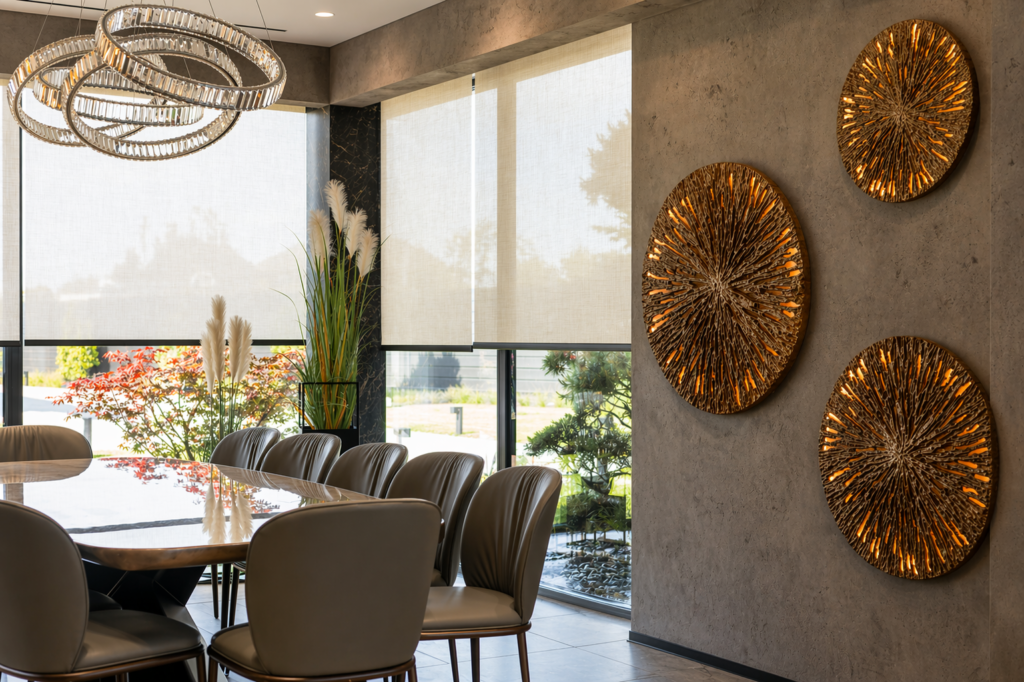 Motorized shades installed in modern luxury home